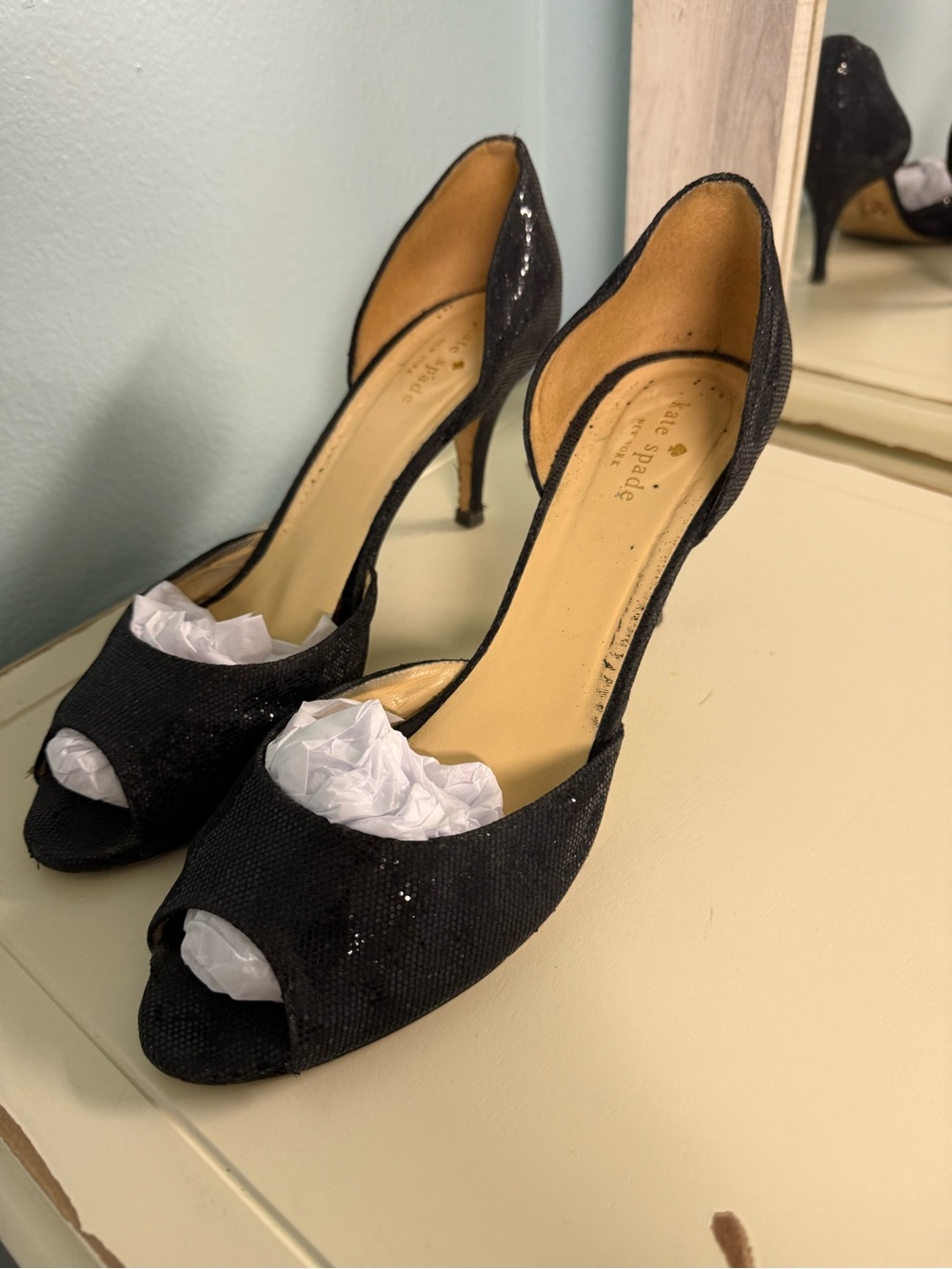 Kate Spade Black Glitter Peep Toe D’Orsay Heels Made Italy Size 10B